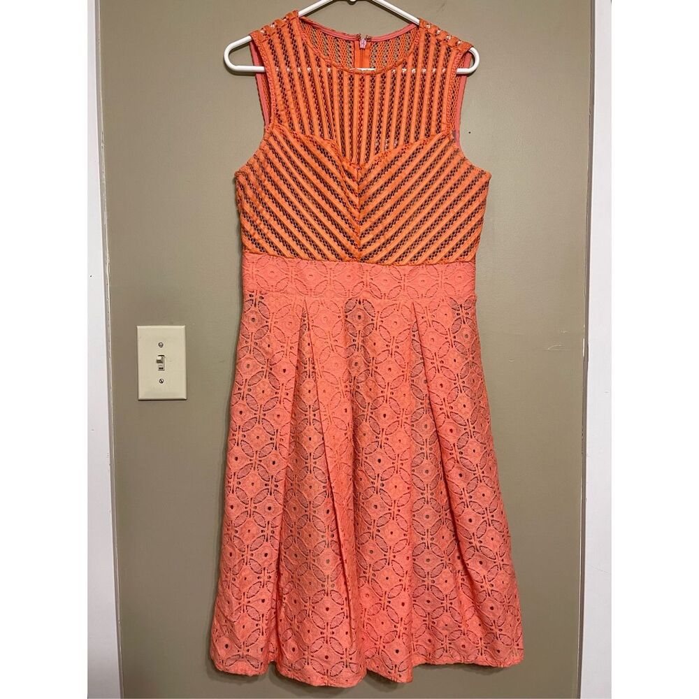 New York and Company Women’s Lace Semi Sheer Coral and Nude A-Line Dress Medium